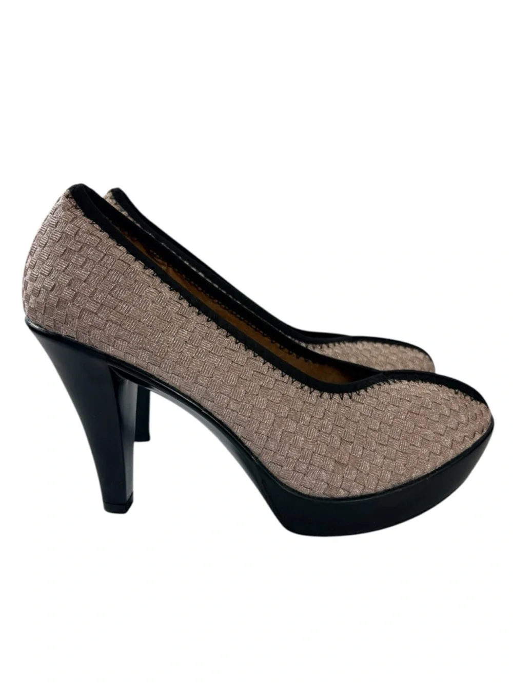 bernie mev. Legend 1 Woven Taupe Pumps with Black Platform Sz38 Comfort Heel NIB